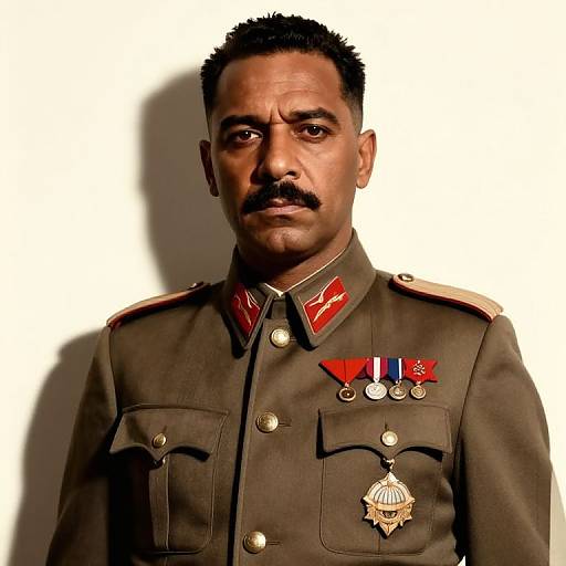 Photograph of a serious-looking Indian man with a mustache, wearing a dark brown military uniform with red insignia, medals, and a gold emblem