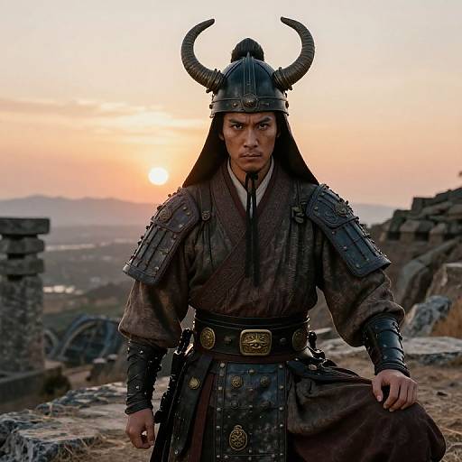 Photograph of a fierce warrior in medieval Japanese armor with horned helmet, standing against a sunset sky and ancient stone ruins.