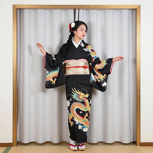 Asian Woman in Black Dragon Kimono