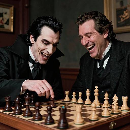 Photograph of two laughing men in black Victorian suits, playing chess in a dimly lit room, with dark wood paneling and framed paintings in the