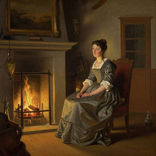 Photograph-style painting of a seated 18th-century woman in a dark dress, by the warm glow of a fireplace in a wood-paneled room