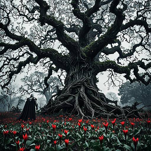 Dark Knight and Ancient Oak in Enchanted Forest