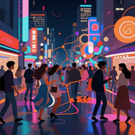 Digital illustration of a vibrant, neon-lit city street at night, filled with diverse, silhouetted people. Bright, colorful lights and swirling