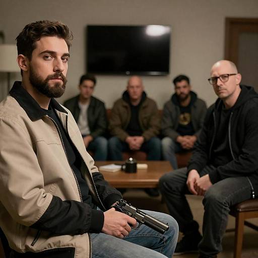 Tense Gathering in a Dimly Lit Room