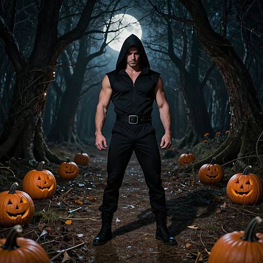 Muscular man in black hooded outfit and pants stands in dark forest at night with full moon, surrounded by carved pumpkins.