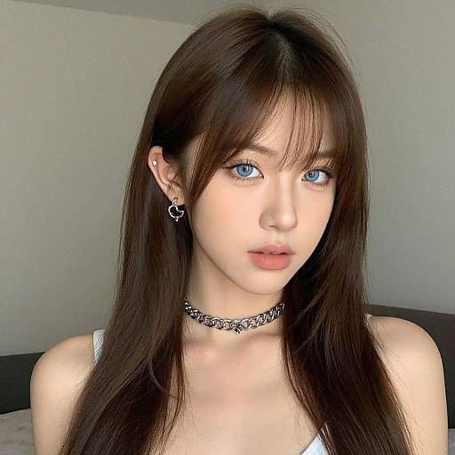 Photograph of a young Asian woman with long dark brown hair, blue eyes, wearing a silver choker and earrings, looking directly at the camera in
