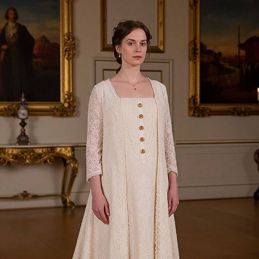 Photograph of a fair-skinned woman with dark hair in a white lace dress with gold buttons, standing in an ornate, gold-framed gallery