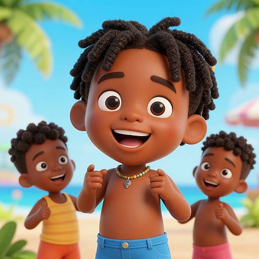 CGI image of three smiling Black children with curly hair on a sunny beach; front child shirtless, blue shorts, necklace, two siblings in background