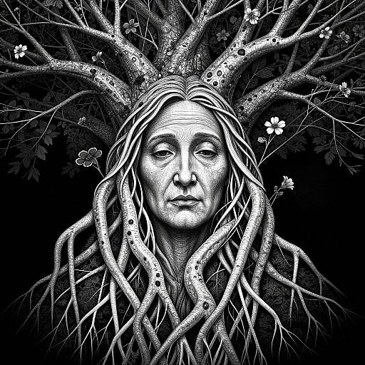 Digital monochrome artwork of a serene woman's face surrounded by intricate, vine-like branches with small flowers, creating a mystical forest-like effect.