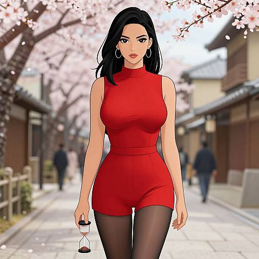 Digital art of a confident woman with black hair, wearing a red sleeveless romper and black tights, holding a small bottle, walking down a
