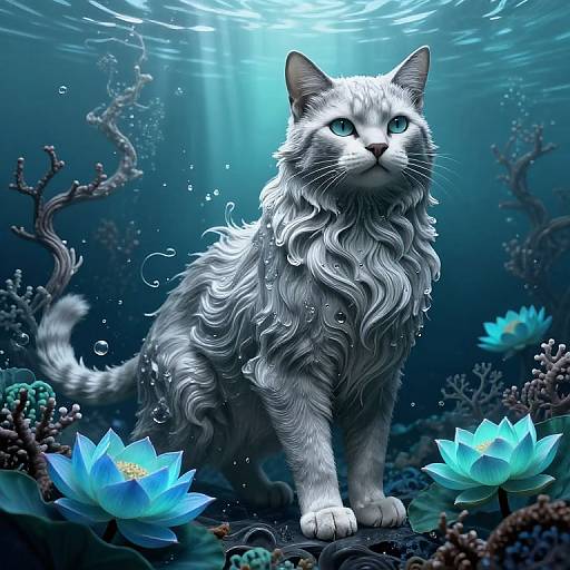 Digital art of a silver, wavy-haired cat with piercing blue eyes, surrounded by glowing blue lotus flowers and underwater coral in a sunlit ocean