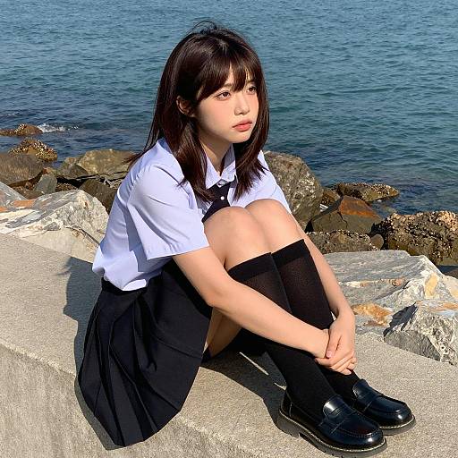 Thoughtful Asian Girl by the Sea