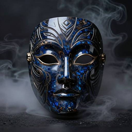Photograph of a blue, gemstone-encrusted masquerade mask with gold accents, surrounded by wisps of smoke, creating a mysterious