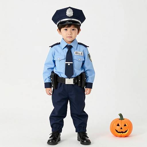 Photograph of an Asian toddler in a blue police uniform, black hat, and black pants, standing with a carved pumpkin to the right.