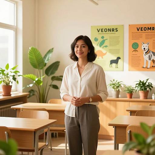 Photograph of a smiling South Asian woman with medium-length black hair, wearing a white blouse and gray pants, standing in a bright classroom with plants,