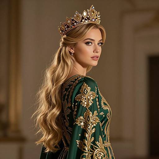 Regal Woman in Green Embroidered Dress