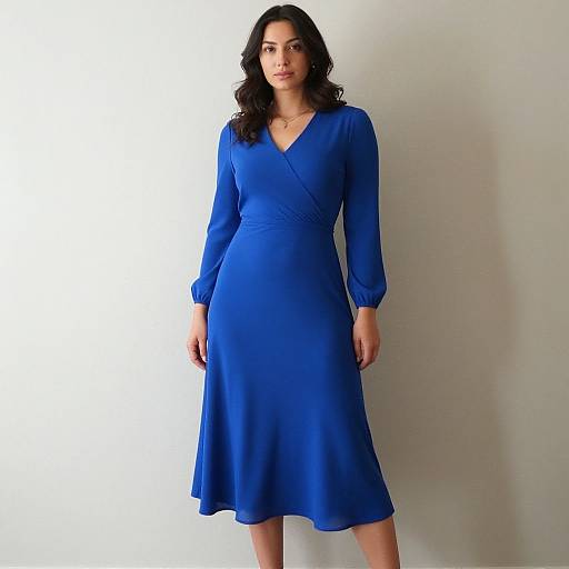 Photograph of a dark-haired woman with wavy hair, wearing a vibrant blue, long-sleeve, V-neck, knee-length dress, standing