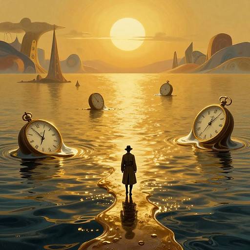 Fantasy illustration of a lone figure in a coat and hat standing on a shimmering, golden ocean at sunset, surrounded by floating giant clocks. Surre