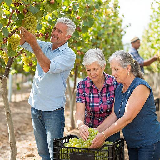 Happy Senior Farmers Picking Grapes