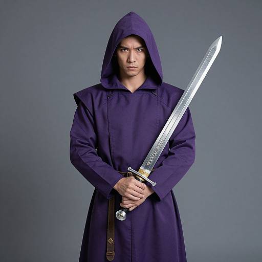Photograph of a serious, young man with olive skin, wearing a purple hooded robe, holding a gleaming, silver sword against a gray background