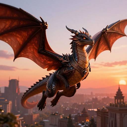 Photorealistic digital artwork of a black dragon with red wings soaring over a cityscape at sunset, featuring detailed scales and a fierce expression.