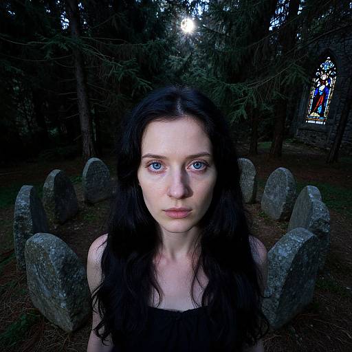 Photograph of a pale, blue-eyed woman with long black hair, standing amidst dark, moss-covered gravestones in a forest, illuminated by moon