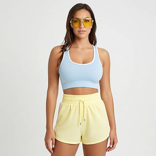Photograph of a young woman with long dark hair, wearing yellow sports sunglasses, white crop top, and yellow shorts, standing against a plain white background