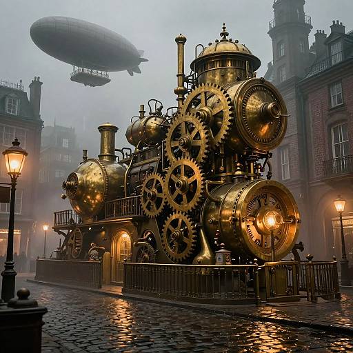 Photograph of a steampunk-style, brass steam engine with large gears in a foggy, cobblestone street, illuminated by street lamps,
