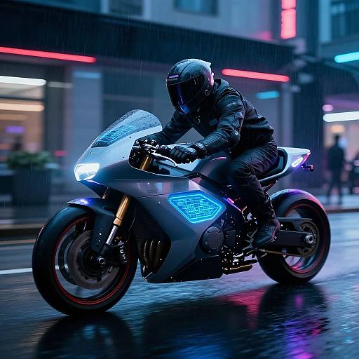 Photograph of a neon-lit, rain-soaked night; a helmeted motorcyclist in black gear rides a glowing blue motorcycle with neon accents