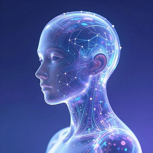Digital CGI of a transparent, glowing human head in profile, showing intricate neural connections against a deep blue background.