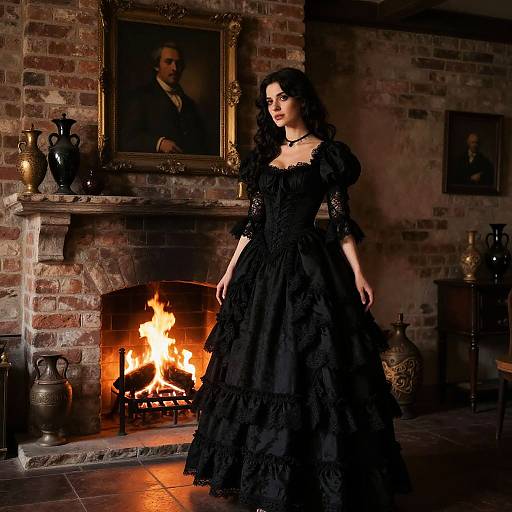 Gothic woman in black lace Victorian dress stands by brick fireplace with a roaring fire, framed portrait above, dimly lit room. Photograph.