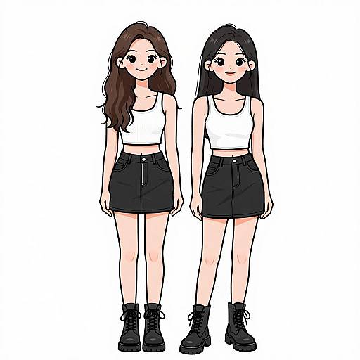 Digital drawing of two young women with long hair, wearing white tank tops and black high-waisted skirts with black boots, standing side by side against