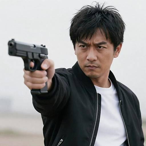 Gritty High-Contrast Man Aiming Handgun