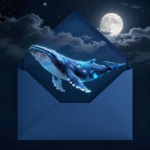 Digital art: Glowing blue whale emerges from open envelope against night sky with full moon and stars, surrounded by clouds.