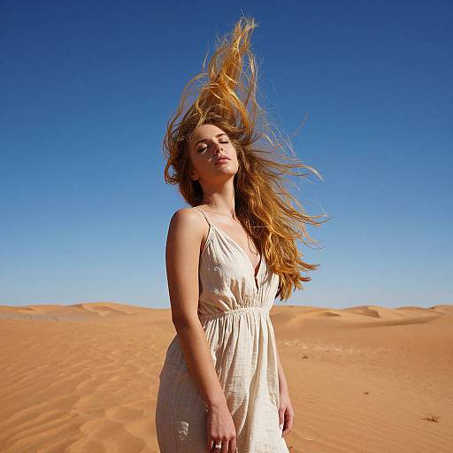 Photograph of a fair-skinned woman with long, flowing auburn hair, wearing a sleeveless, white dress, standing in a bright blue