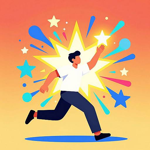 Digital illustration of a person in a white shirt and blue pants, surrounded by vibrant yellow and orange stars and shapes, running against a gradient orange-yellow background