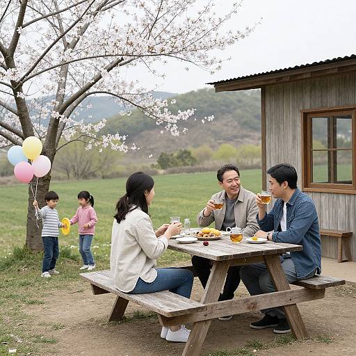 Family picnic under a cherry blossom tree; parents and son sit at a wooden table, children play with balloons in background.