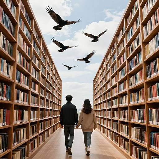 Photograph of a couple walking down a library aisle, flanked by tall bookshelves, with black birds flying overhead in a bright sky.