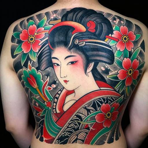 Vibrant tattoo of traditional Japanese geisha with black hair, red flowers, and green leaves on a person's back, showcasing bold colors and intricate