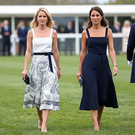 Photograph of two women walking on a grassy field; one in a white top and black-and-white floral skirt, the other in a black sleeve