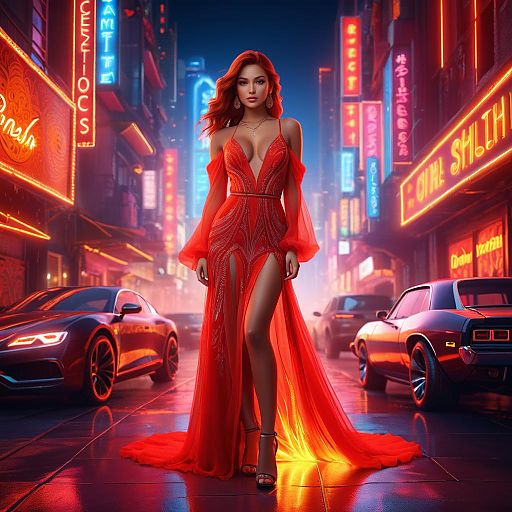Glamorous Woman in Red Dress in Neon City