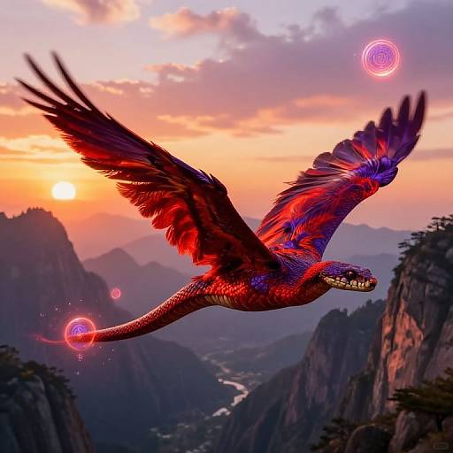 Digital artwork: Vibrant red and purple phoenix with glowing orbs flies over a mountainous sunset landscape, casting a magical glow.