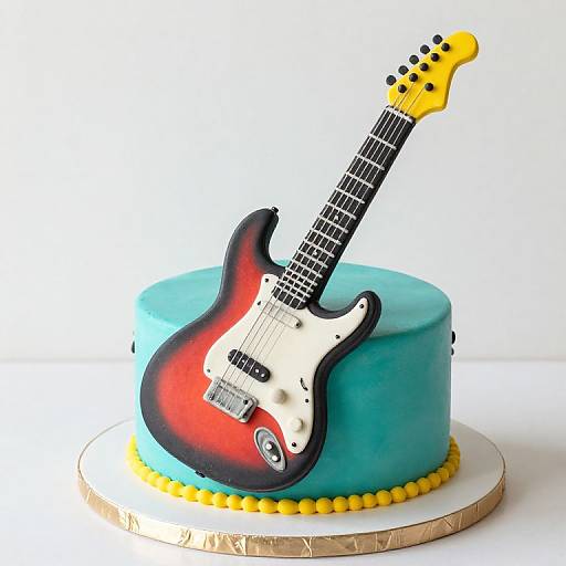 Photograph of a blue cake with a realistic, colorful, fondant electric guitar on top, featuring a red, black, and white finish, and