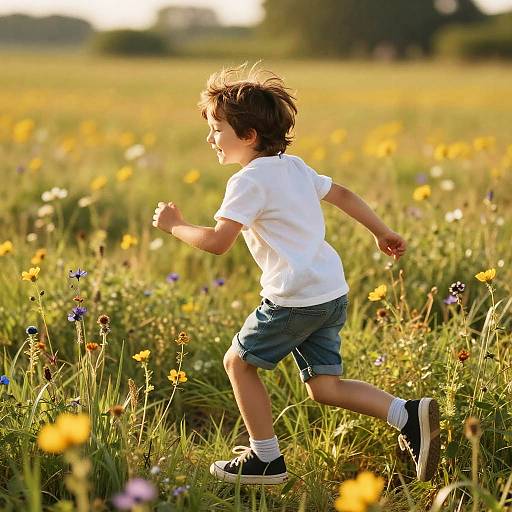 Boy Running Through Wildflower Field