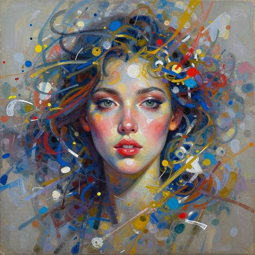 Digital painting of a young woman with vibrant blue, red, and yellow abstract splashes around her face, featuring realistic eyes and lips.