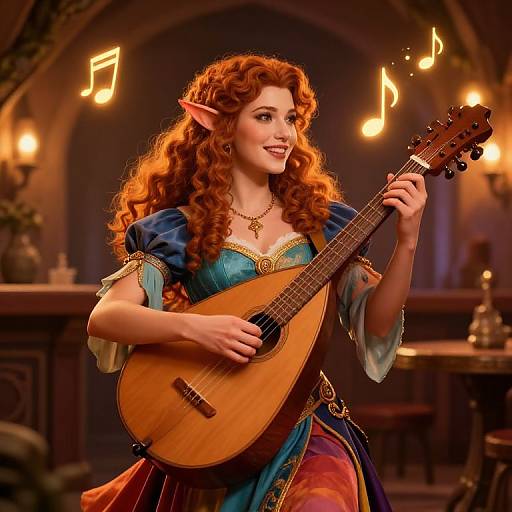 Photorealistic digital art of a red-haired, elven woman with pointed ears, playing a lute in a warm, medieval tavern, surrounded by
