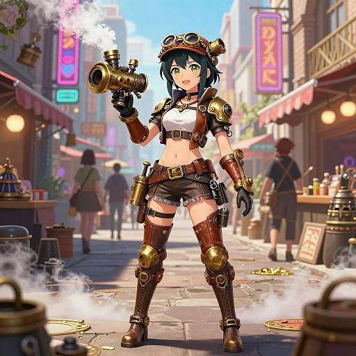 Digital anime-style artwork of a blue-haired, green-eyed, steampunk girl with goggles, brown leather outfit, and brass gadgets, standing confidently in