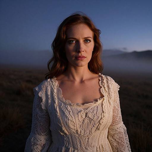 Photograph of a serious, fair-skinned woman with brown hair, wearing an ornate white lace dress, standing in a misty, dark blue