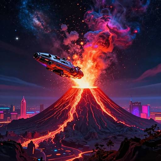 Digital artwork: A fiery spaceship explodes into a glowing red volcano with neon cityscape in the background, under a starry night sky. Bright colors and