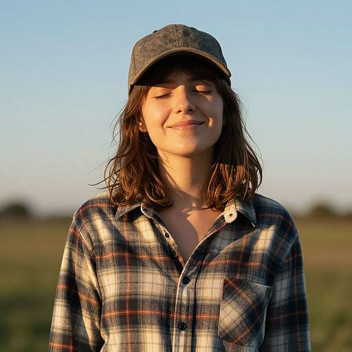 Smiling Woman in Plaid at Golden Hour